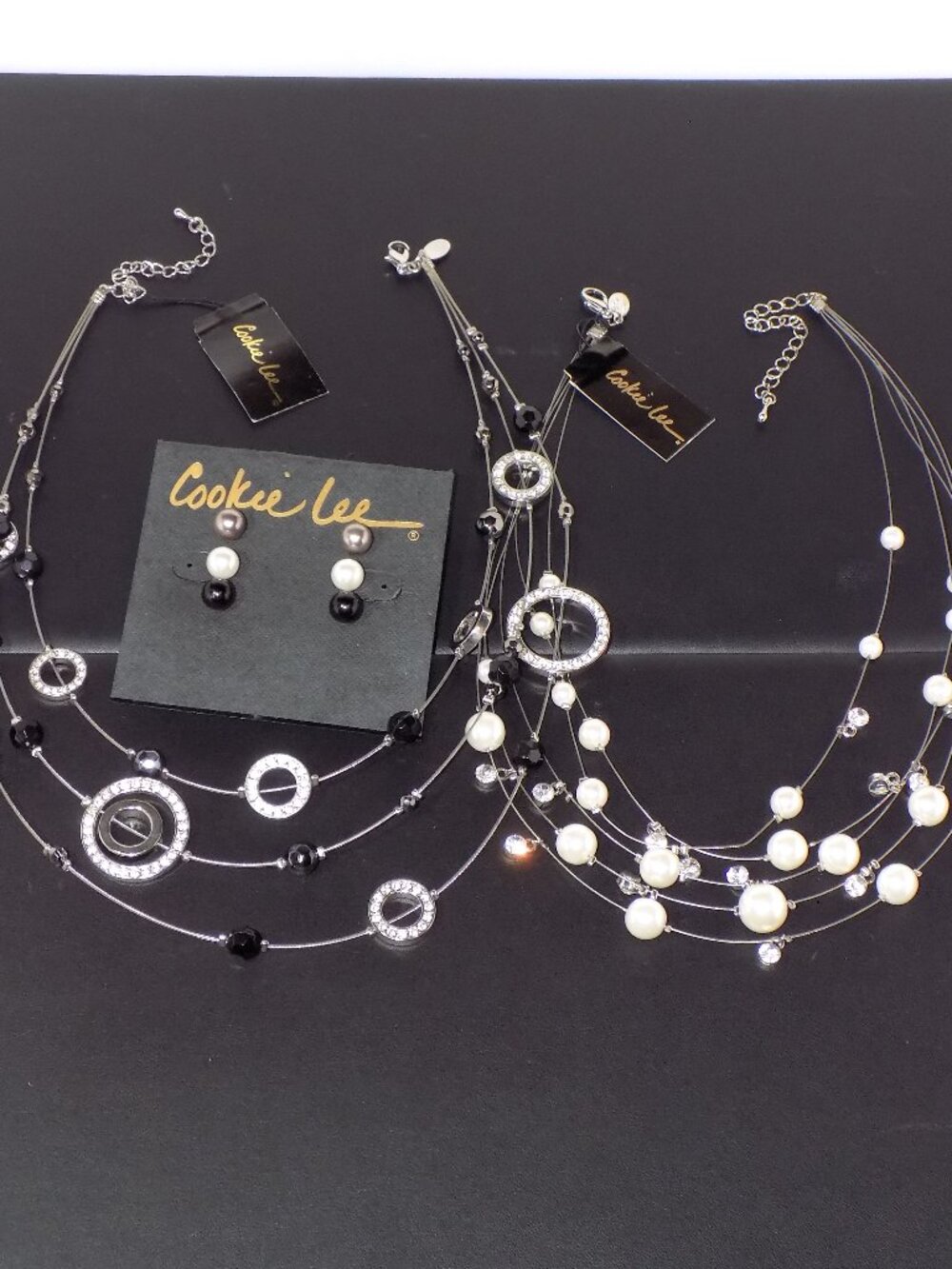 Lot 3 New Cookie Lee Multi-Wire Bead & Crystal Necklaces, Stud Earrings Set
